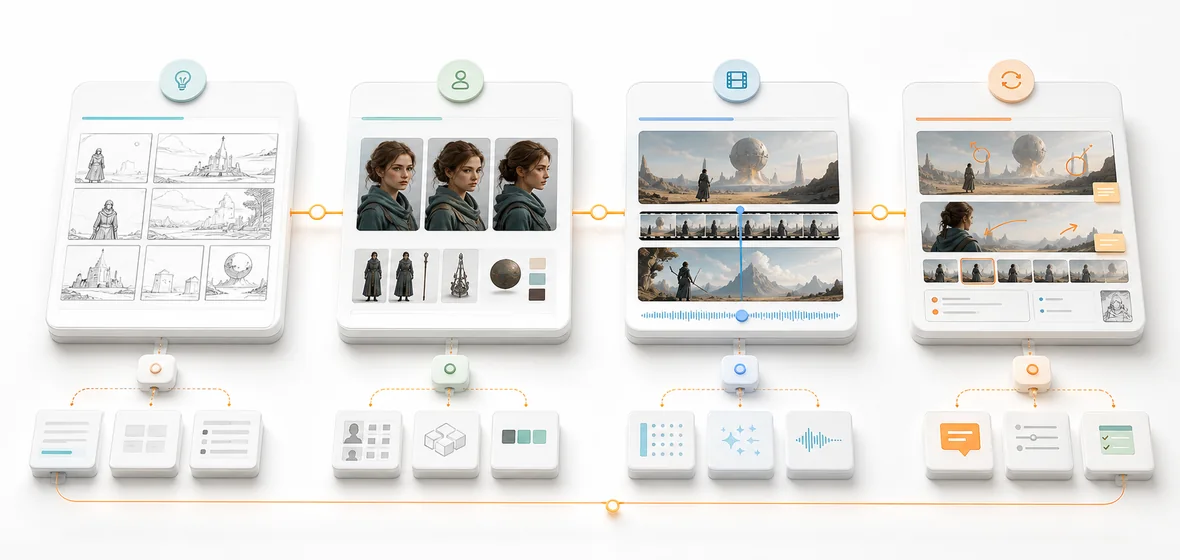 Illustration of the AI Series Generator creation stack from story to image, motion, and review