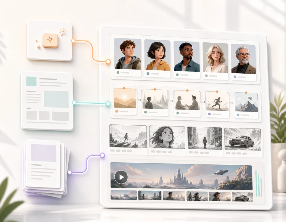 Illustration of Quick Idea, Episode Draft, and Script Import start modes becoming an AI video series