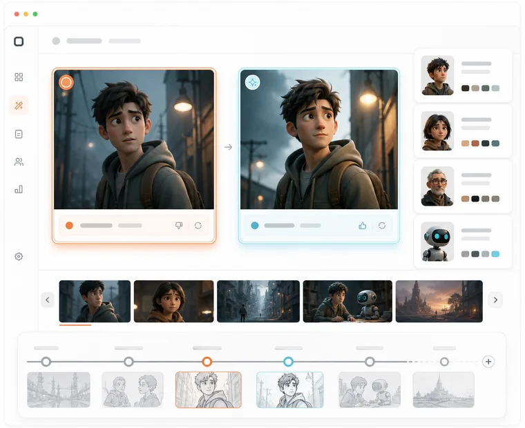 Illustration of one workspace connecting images, motion, review, and reusable series context